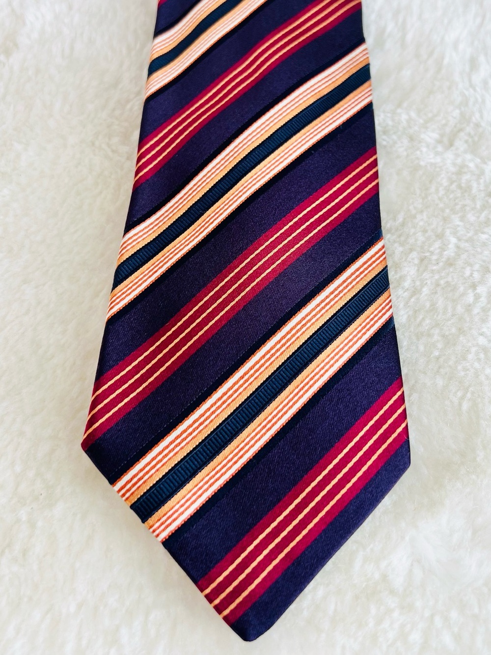 Ermenegildo Zegna Navy Blue Striped Silk Tie with Red and Gold Accents